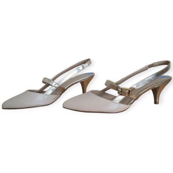 Ellen Tracy Bailey Beige Gold Slingback Kitten Heel Pump 7.5 - Picture 3 of 11
